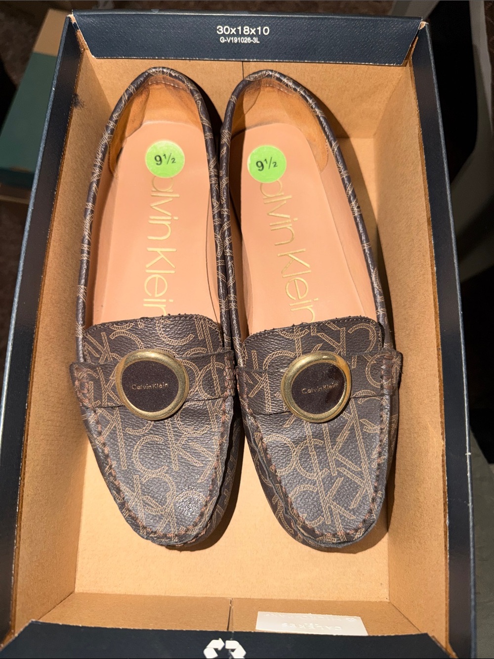 Calvin Klein Brown Logo-Print Loafers with Gold Medallions